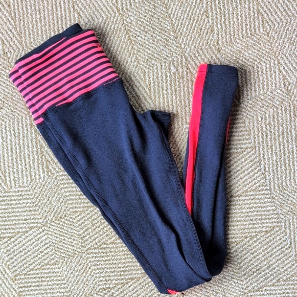 Lululemon Striped Navy Orange Pink Yoga Running Leggings Drawstring Waist 6